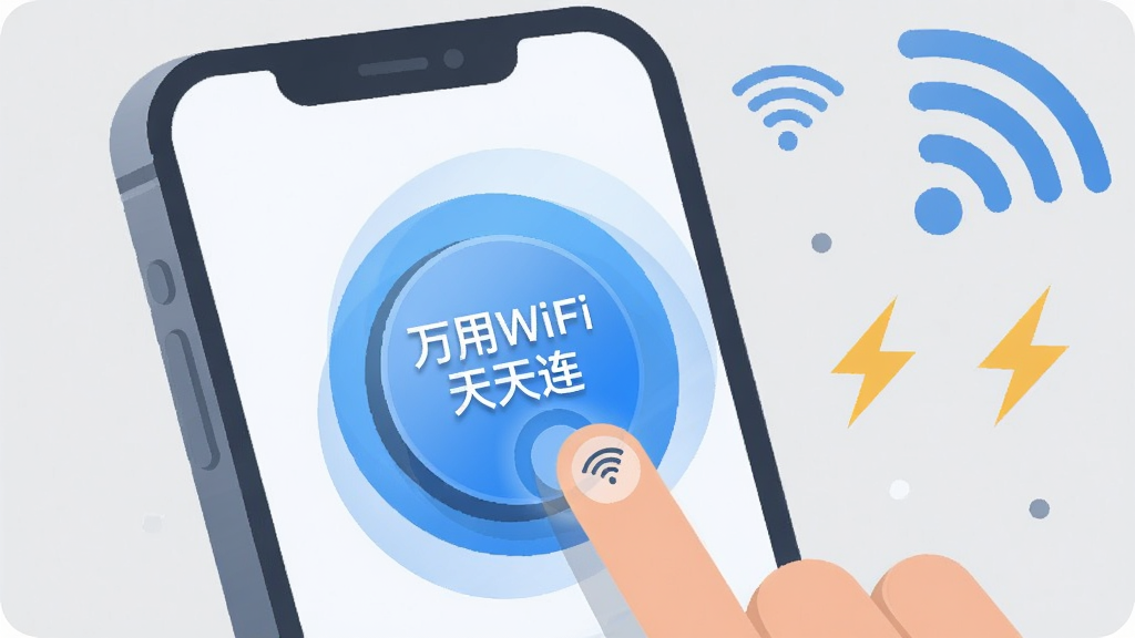 һ�ű�ƽ�����Ĳ廭������������һ�������ֻ����ֻ���Ļ��ʾ������WiFi����������Բ�����Ӱ�ť����ָ�����˲�䣬��ť��Χ����ɫ������ɢ������Ϊǳ��ɫ�������Ҳ�Ư���ż���WiFi�ź�ͼ���������ţ������������ӣ����ּ�࣬����ִ��Ƽ��У�ϸ�ڰ����ֻ��߿�Բ�󡢰�ť�а�ѹ����Ч���������в�Σ������������ɾ����޶���Ԫ��