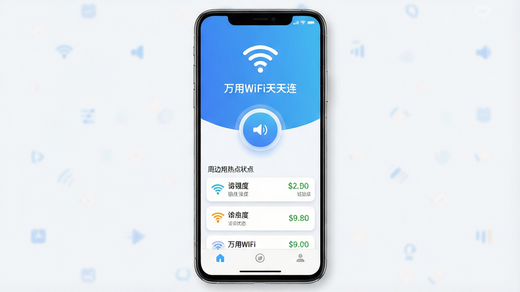 һ�Ű�׿�ֻ���Ļ����չʾͼ����Ļ������ʾ������WiFi��������Ӧ�������棬����������׽�����ɫ��������WiFi�ź�ͼ�꣬�м�ΪԲ��һ�����Ӱ�ť����ť�·��������ܱ߿����ȵ��б����б�����ʾ�ź�ǿ��������״̬���ײ�Ϊ�����������岼��������������ִ���ϸ�ڰ���Բ�ǿ�Ƭ�������Ӱ�����������ֱ�ǩ�����ʸ��壬�ɾ����޶���Ԫ��