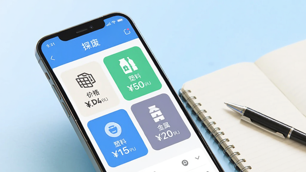 ��������Ϊ��̽�ϡ�APP��֪ʶ����棬��Ļ����ʾ��ֽ�����ϡ������ȷ��࿨Ƭ��۸����䣻�ֻ���һ���Ƕ���бչʾ���Ա���һ�������ıʼǱ���һ֧�ʣ�����Ϊ����ɫ���䣻���Ϊ���±�ƽ�磻ϸ���Ϸ���ͼ���������۸�������Ŀ�����廭�������ɾ������ڵ�Ԫ�ء�