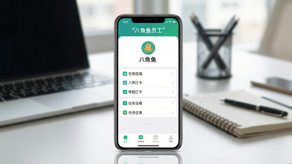 һ��չʾ��צ��Ա��APP�ֻ���������ĳ���ͼ������������һ�����������ֻ����ֻ���Ļ����ʾ��צ��Ա���Ŀ��ڴ��������б����棬�ֻ������黯�İ칫�����汳�����������бʼǱ����Ժͼ��±������岼��Ϊ���й�ͼ�����Ϊ�ִ���ƽ��UIչʾ��ϸ�ڰ����ֻ��߿򷴹⡢��Ļ��ͼ�������ɼ�����������黯������Ϊ������Ⱦ���ɾ��޶���Ԫ�أ�ͼƬ�����ּ�������ʾ