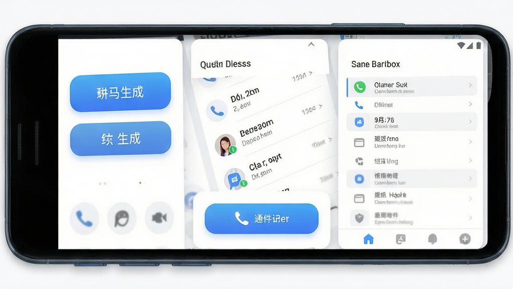 ����绰����������չʾ������Ϊһ����׿�ֻ���Ļ����Ļ����ʾ����绰Ӧ�ý��棬���ְ����������ɰ�ť��ͨ����¼�б��Ͷ����ռ������������Ű������������Ϊ�ִ��Ƽ��б�ƽ����ƣ�ϸ�ڰ�����ɫ���䰴ť����ɫ������Ƭ��Բ��ͼ�꣬���ʸ��壬�ɾ����޶���Ԫ��