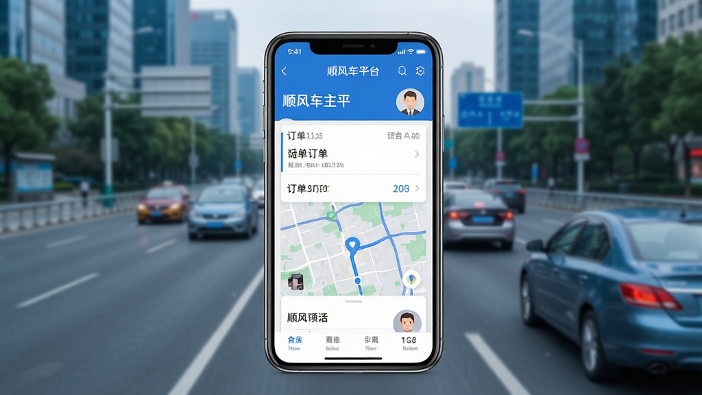 һ��չʾ˳�糵��ƽ̨���Ĺ��ܵ��ֻ�Ӧ�ý����ͼ������������һ�����������ֻ�����Ļ��������ʾ˳�糵��ƽ̨����ҳ�����������б�����ͼ�����ͳ���ͷ���Ԫ�أ�����Ϊ���е�·�복����ʻ�ĳ����������������죬ɫ������ɫ�Ͱ�ɫΪ����ϸ�ڷḻ�����������ɾ����޶���Ԫ�ظ��ţ��ʺ���Ϊ����������ͼ