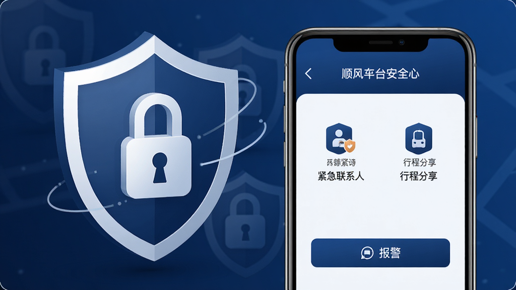 AI����һ��չʾ˳�糵��ƽ̨��ȫ���Ĺ��ܵ�ͼƬ���������ֻ���Ļ��ʾ��ȫ����ҳ�棬����������ϵ�ˡ��г̷����ͱ�����ť��ͼ�꣬����Ϊ���ƺͰ�ȫ���ĳ���Ԫ�أ�������ؿɿ���ɫ���������Ͱ�ɫΪ����ϸ�ڷḻ�����ʸɾ����޶���Ԫ��