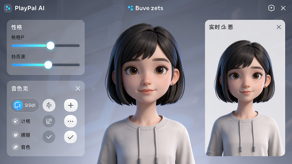 PlayPal AI ���Ի���ɫ���ƽ��棬����������һ�����ڱ༭��AI��������������Ը񻬿����ɫѡ���б����Ҳ���ʵʱԤ�����ڣ�����Ϊ���ҶԳ�ʽ�����Ϊ�ִ���Լ�磬ϸ���ϻ������΢��Ч������ɫ�����£�����Ϊ���塢�ɾ����޶���Ԫ��