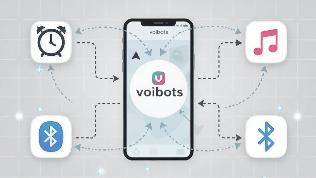 һ��չʾvoibots�Զ����������̵�ʾ��ͼ���������ֻ�Ϊ���ģ���Χ���������ӡ����������֡�������ͼ�꣬�����߼�ͷ���ӱ�ʾ�Զ���������ϵ������Ϊǳ��ɫ�Ƽ����񣬷�����ƽ����ϸ�ڰ���voibots��logoλ�����ģ����ʸ��壬������Ԫ��