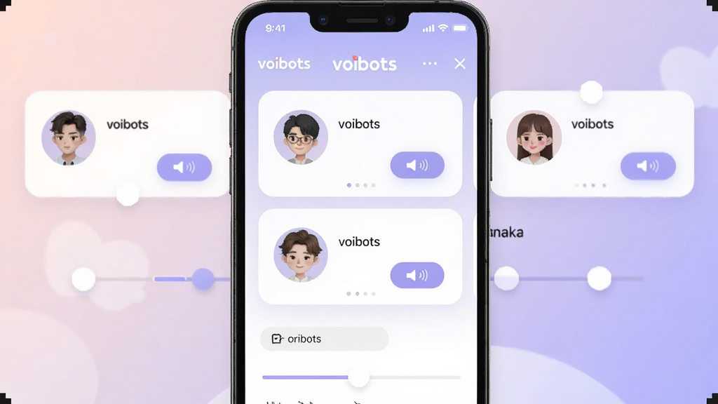 һ��չʾvoibots�����ϳ����ý�����ֻ���ͼ���������г������ɫѡ�Ƭ��ÿ����Ƭ����ͷ��ͼ���������ť������Ϊ����ɫ���䣬��������ܰ��ϸ�ڰ���voibots�ı�ʶ�͵��ڻ��飬�������������ָɾ�