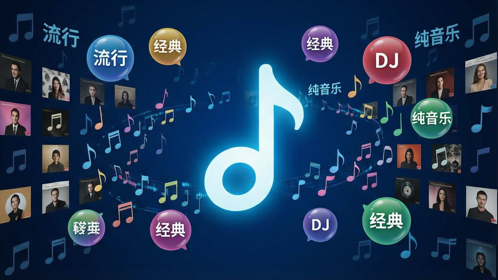 һ��չʾ�Ӵ�������Դ�����ͼ������������һ���޴�ķ�������ͼ�꣬��Χ����������С����������ר�����棬����������ɫ�����ֿռ䣬�������ַ����ǩ�硰���С������䡱��DJ���������֡��Բ�ɫ������ʽƯ����������Χ��������Ƽ���ʮ�㣬���ֶԳƾ��⣬���廭�ʣ�����ɾ����޶���Ԫ��