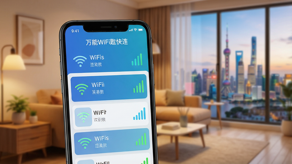 һ��չʾ�����ֻ���Ļ��ͼƬ����Ļ����ʾ������WiFi�׿���Ӧ�õ������棬�������ж��WiFi�ȵ��б����ź�ǿ��ͼ�꣬��������ܰ�ļҾӻ��������������ںϣ����ּ�����ˣ�����ִ��Ƽ��У�ϸ�������ɼ�Ӧ�����ơ�����WiFi�׿����������ʸ��壬�ɾ����޶���Ԫ��