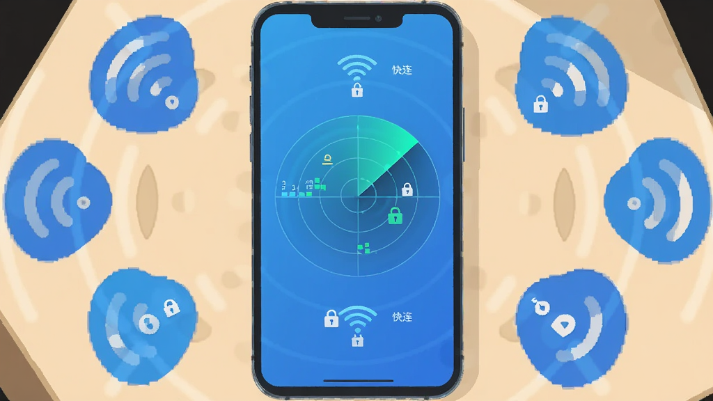 AI��ͼ������������һ���ֻ������������ϣ���Ļ������ʾ����WiFi�׿������״�ɨ�趯������Χ�����Ŵ�����ͬWiFi�źŵĲ���ͼ�꣬���ֲ��þ��й�ͼ�����Ϊ��ƽ���Ƽ��廭��ϸ�ڰ����źŸ���������ͼ�꣬�����������ɾ����޶���Ԫ��