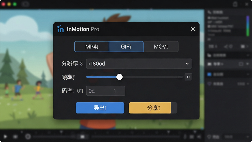 һ��չʾ InMotion Pro �����������Ľ���ͼ������������һ����ɫ�������ڣ��Ϸ��и�ʽѡ���ǩ���� MP4��GIF��MOV���·��зֱ��������˵���֡�ʻ������������򣬵ײ��� 