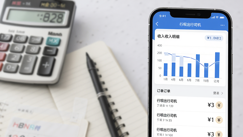 画面主体是“行呗出行司机”应用内的收入明细页面,手机屏幕上显示柱状图和订单列表,布局为手机位于画面右侧,左侧搭配虚化的计算器与笔记本元素,风格为商务简洁风,细节包括数字图表、人民币符号与整洁的界面排版,画质高清,干净,无多余元素。