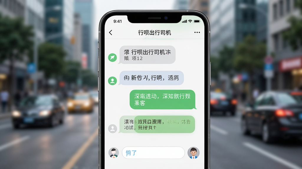 画面主体是“行呗出行司机”应用内的聊天界面,手机屏幕显示司机与乘客的对话气泡,布局为手机特写居中,背景为虚化的城市街景,风格为清新通讯风,细节包括消息图标、输入框与联系人头像,画质清晰,干净,无多余元素。