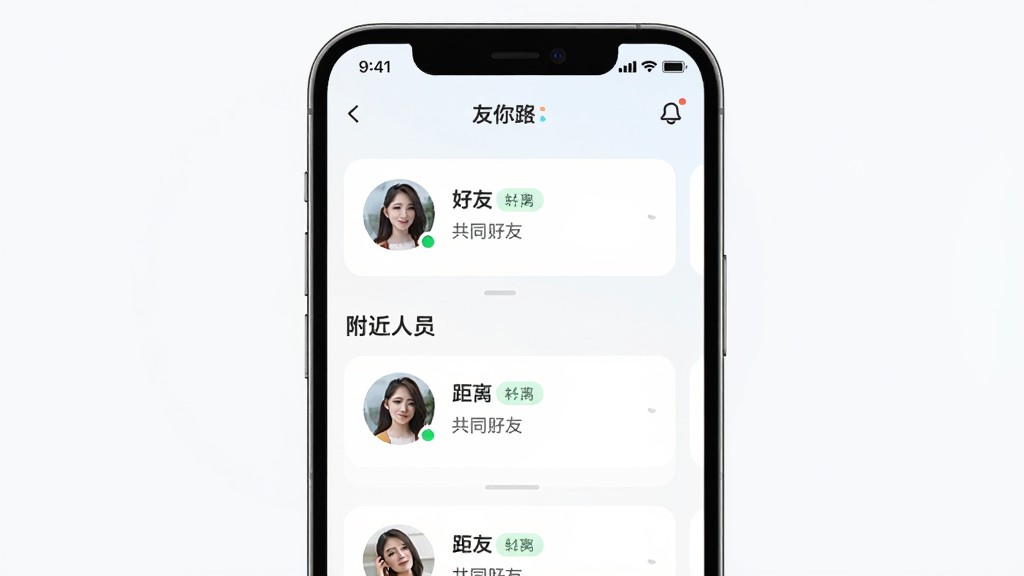 ����APP�����Ƽ����ܽ��棬����չʾ�ֻ���Ļ��ͨѶ¼�����븽�������б������о����ǩ�͹�ͬ����������ʾ������Ϊ�������еĿ�Ƭʽ��ƣ��������ǳɫ��ϸ�ڰ���ͷ��Բ��������״̬С�̵㣬���������ɾ����޶���Ԫ��