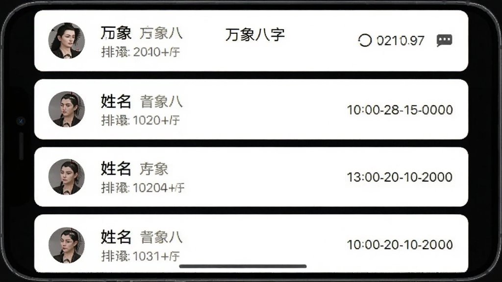 �ֻ�Ӧ�õ���ʷ��¼�б����棬ÿ����¼��ʾ������ע���������ڣ��б����࣬����Ϊ��ɫ��Ƭʽ��ƣ����������ֱ�ע��������֡�