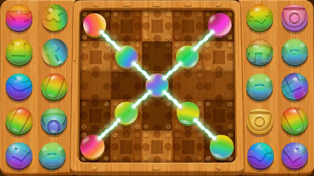 主体是七彩五子连珠游戏主界面,布局为中央棋盘与四周彩色棋子环绕,排版采用对称式构图,风格为明快休闲的扁平化游戏UI,细节包括七彩渐变棋子、木质纹理棋盘、发光的连珠连线,画质高清、干净、无多余元素