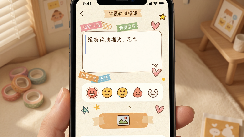���۹켣�����ռǹ���չʾͼ������Ϊһ���ֻ���Ļ��д����Ļ����ʾ�ռǱ༭ҳ�棬��������������������ѡ������ͼƬ�ϴ���ť������Ϊ�������У��Ű���ֱ�ۣ����Ϊ��ů���������˷��ϸ�ڰ����װ�ɫֽ��������������ɫ��ǩ��ֽ���ֻ氮�������ǵ�׺�����ʸ��壬�ɾ����࣬�޶���Ԫ��