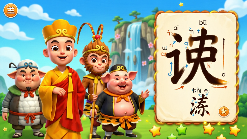 ��������������ʶ�������������棬��ͨ������ɮ������ա����˽䡢ɳɮ�ĸ���ɫվ�ڻ�����࣬�Ҳ��Ǿ޴�ĺ��ֿ�Ƭ��ƴ����ע��������������ƺͻ���ɽˮ�������������ֲ������ҷ����Ű棬���Ϊ��ͯ��ͨ3D��Ⱦ��ϸ�ڰ������ֿ�Ƭ�ϵıʻ�˳�򶯻�����ɫ���������ɰ�������ɢ��С���ǽ���ͼ�꣬���ʸ������ޡ��ɾ����ࡢ�޶���Ԫ��