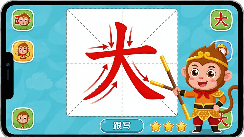 ����չʾ����ʶ�������ıʻ�ѧϰ���棬��Ļ������һ���޴�����ָ񣬸��������ú�ɫ������ʾ�����ֵıʻ�˳������տ�ͨ����վ�����ָ��Ա��ֳֽ𹿰�ָ��ʻ���㣬����Ϊ�����ͼ���ܱ�Сͼ�꣬���Ϊ��ͯ�������ƽ�廭��ϸ�ڰ������ָ����߱߿򡢱ʻ���ͷָʾ���·��С���д����ť���������֣����������������ɾ�������