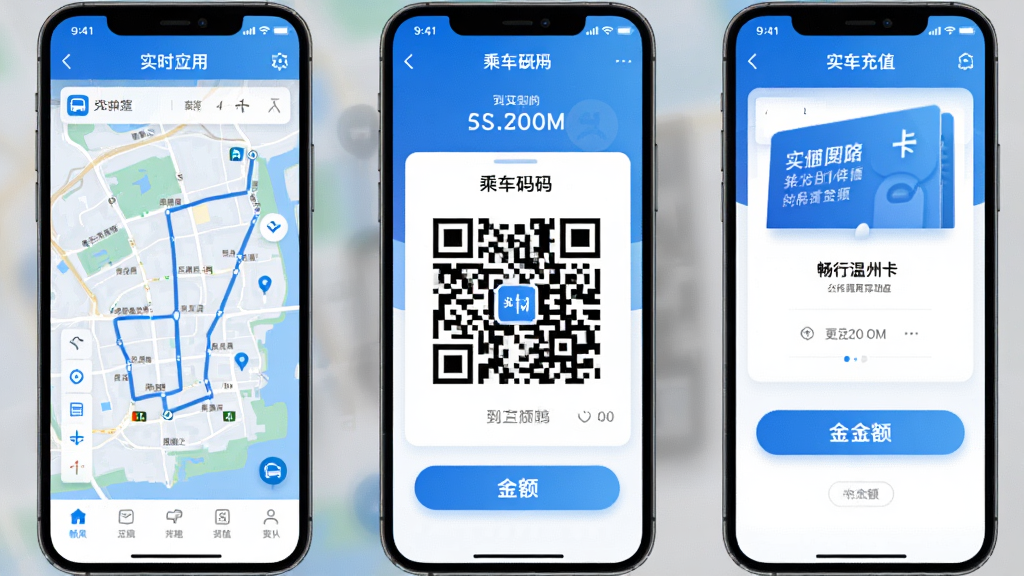 ��������Ӧ�ù���չʾ���棬�������Ϊ����ʵʱ��λ��ͼ���м�Ϊ�˳����ά�룬�Ҳ�Ϊʵ�忨��ֵҳ�棬��������ֻ���Ļ������в��֣����Ϊ�ִ���ƽ��UI��ƣ�ɫ��Ϊ���׽��䣬ϸ�ڰ�����������·�켣����վ����ʱ���֡���ά��ͼ�κͳ�ֵ��ť�����廭�ʣ��ɾ��޶���Ԫ��