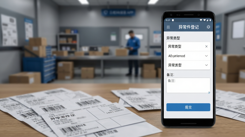 ��������Ϊһ����׿�ֻ�����Ļ��ʾ�ƹ���ԱAPP���쳣���Ǽǽ��棬���������쳣����ѡ���б�����ע�������ύ��ť���ֻ�����Ϊģ���Ŀ�����㳡����������ɢ�����ɿ���浥�����ֲ��þ���ƫ�ҹ�ͼ���ֻ�Ϊ�Ӿ����㣻�Ű�ͻ���쳣�����봦����ť�����Ϊдʵ�칫�磬ɫ���Ի���Ϊ����ϸ�����浥����ģ�����������水ť���������ʸ��壬�ɾ��޶���Ԫ��