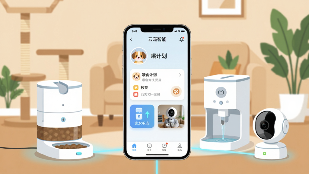 ��������һ�������ֻ�������ʾ�Ƴ�����App�����棬�������г���ͷ��ιʳ�ƻ���Ƭ����ˮ��״̬ͼ�������ͷʵʱ����С�����ֻ���Χ��������ιʳ����������ˮ������������ͷ�����ɫ��Լ�豸���豸֮���õ���ɫ�������ӡ�����Ϊ��ů��ɫ������������è���ܺ���ֲ��׺�����������¿Ƽ��У���ƽ���廭���ϸ�ھ��£����������ɾ���������������ʾ���Ƴ����ܡ����޶���Ԫ�ء�