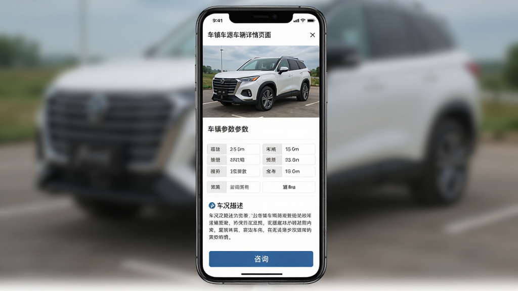 ����Դ��������ҳ��չʾ���ֻ���Ļ����ʾһ����ɫSUV��ʵ����Ƭ���·������ų�����������ͳ����������֣�ҳ��ײ�����ѯ��ť����������ˬרҵ���Ű��η��������ʸ��壬����ɾ����࣬�޶���Ԫ��