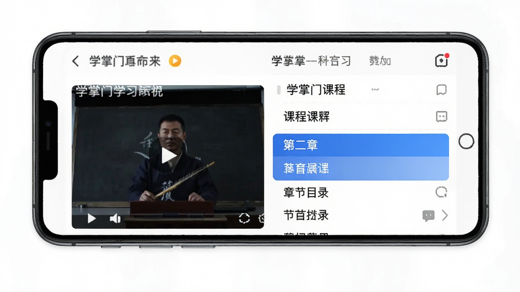 ѧ����APP�ڿγ�ѧϰҳ��չʾͼ����������Ϊ�ֻ���Ļ����ʾ��ѧ������Ƶ�γ̲��Ž��棬�����γ̱��⡢��Ƶ�����������½�Ŀ¼�б�������Ϊ���½ṹ���Ű����룬���Ϊ���߽�����Ӧ�ý��棬ϸ�ڰ�����ɫ��Ƶ���򡢰�ɫ�γ��б�����ɫ������ǰ�½ڣ������������ɾ����޶���Ԫ��