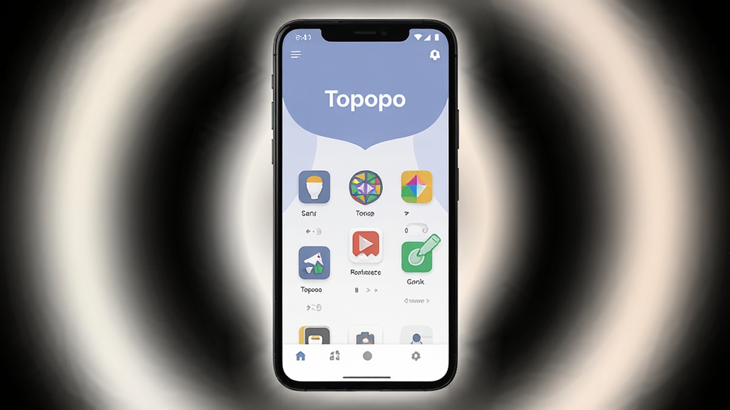 һ��չʾ Topopo �������������ֻ�Ч��ͼ��������һ��������׿�ֻ�����Ļ�ڳ��� Topopo ����ˬ��ҳ����������ͼ�����ർ���������־��У���Χ����͵�ǳɫ���Σ����Ϊ�ִ���ƽ�� UI ��ƣ�ϸ����ͻ����Topopo�������빤����ͼ�꣬�����������ɾ����޶���Ԫ��