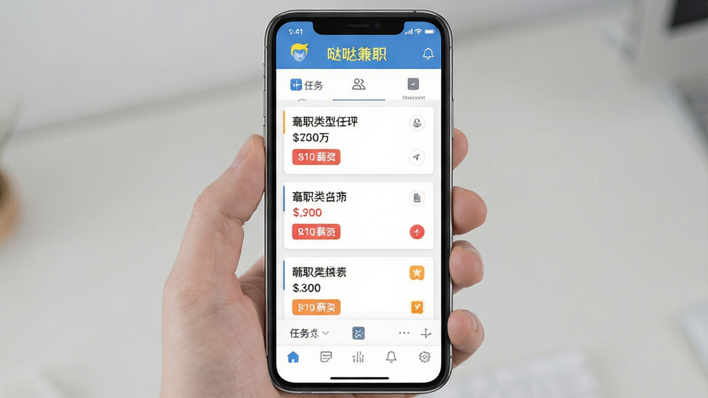 �ֻ���Ļ����չʾ���ռ�ְӦ�������棬���涥���С����ռ�ְ�����ֱ�ʶ��ҳ�沼��Ϊ�����б���Ƭʽ���У�ÿ�ſ�Ƭ��ʾ��ְ������н�ʱ�ǩ�������Ű������죬���Ϊ�ִ���ƽ����ƣ�ϸ�ڰ���״̬��ͼ�ꡢ�ײ����������������ͼ�꣬���������ɾ����޶���Ԫ��