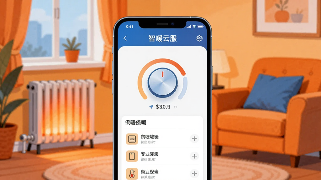 ����������һ�������ֻ�����Ļ����ʾ����ů�Ʒ�APP�Ĺ�ů���ƽ��棬���������¶ȵ�����ť�ͷ����б����ֻ���������ܰ�Ŀ���������ů��Ƭ΢΢������������ñ�ƽ���廭���ɫ����ů��ɫ�ͿƼ���Ϊ����ϸ�����������ʸɾ����޶���Ԫ��