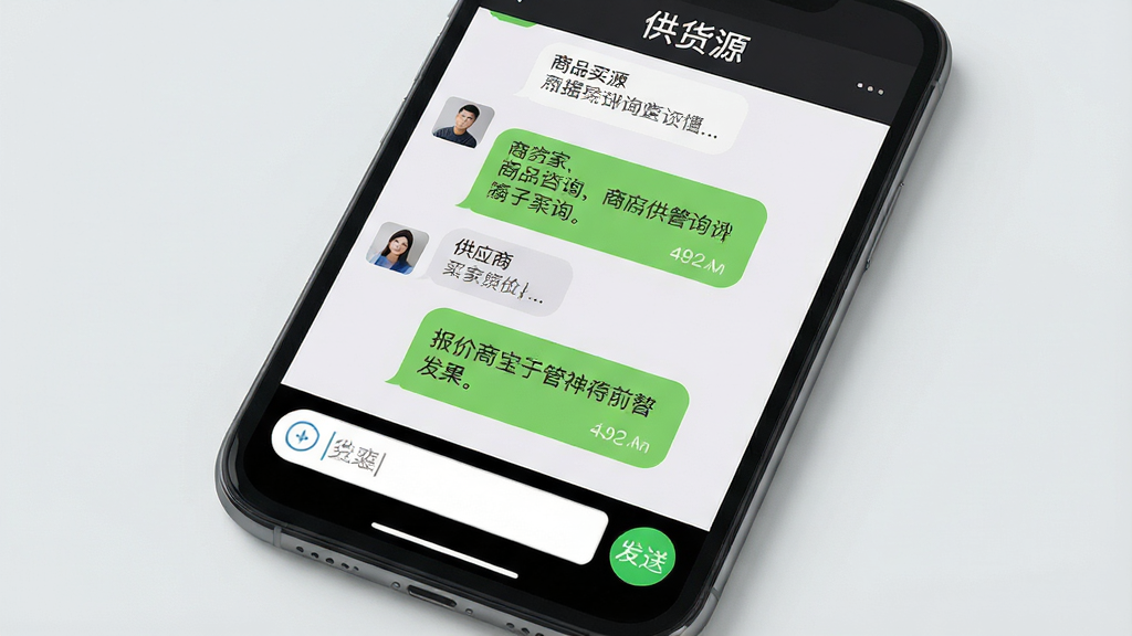 һ��չʾ����ԴApp��ʱ��������ͼƬ������Ϊ�ֻ���Ļ��д����Ļ����ʾ����빩Ӧ�̵ĶԻ����ݣ������漰��Ʒ��ѯ�뱨�ۣ�����ײ��������ͷ��Ͱ�ť�������С�����Դ������������Ϊǳ��ɫ�����Ϊ�ִ��罻����UI�������������޶���Ԫ��