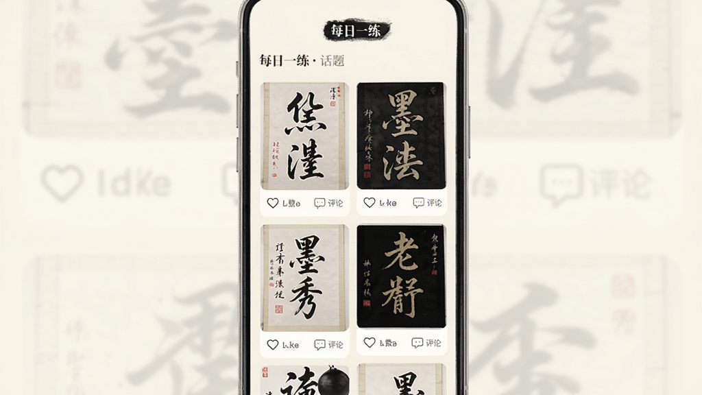 ī���鷨��Ʒ�������棬�ֻ���Ļչʾ������Ϊ�ٲ������ֵ��鷨��Ʒ����ͼ��ÿ����Ʒ�·��е���������ͼ�꣬�����С�ÿ��һ���������ǩ������ɫ��Ϊ�����װ���īɫ���䣬�Ű����ʣ����ʸɾ����޹�浯��