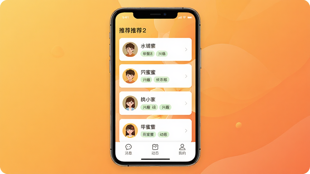 �ֻ���Ļ����ʾ����Ѱ��Ӧ�������棬�����������Ƽ��û���Ƭ�б�����Ƭ����ͷ���ǳƺ���Ȥ��ǩ���ײ�����Ϣ����̬���ҵĵȵ�����ť�����岼�ּ�࣬����ůɫ�����䱳������������ִ���ϸ�����������ʸɾ����޶���Ԫ��