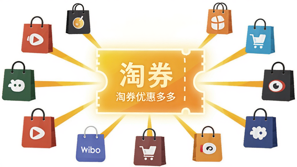 һ���ԡ���ȯ�Żݶ�ࡱΪ���ĸ���Ĳ廭������������һ���޴�ġ�������Ż�ȯͼ�꣬��Χ�����Ŵ�����ͬ����ƽ̨�Ĺ����ͼ�꣬һ�������߽��Ż�ȯ�빺������������������ź����Ż���Ϣ�Ļ�ۡ�����ƽ����ɫ�����죬���ֶԳƣ�ϸ�ھ��£����������������ɾ���