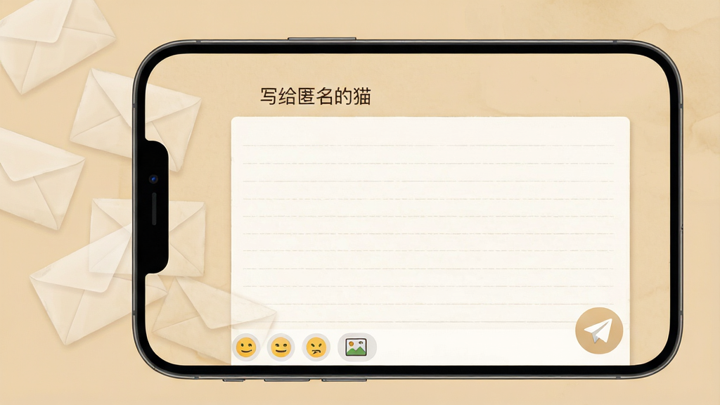 ��������APPд�Ž��棬�ֻ���Ļչʾ�ż��༭ҳ�棬�����С�д��������è���������м��ǿհ׵���ֽ������ֽ�е����ĺ����������ײ��б���ͼ���ͼƬͼ�꣬���½���һ��ֽ�ɻ���״�ķ��Ͱ�ť����������ů���׻�ɫ���������Ư���ż����͸�����ŷ⣬�������������£����ʸ��壬�ɾ��޶���Ԫ��
