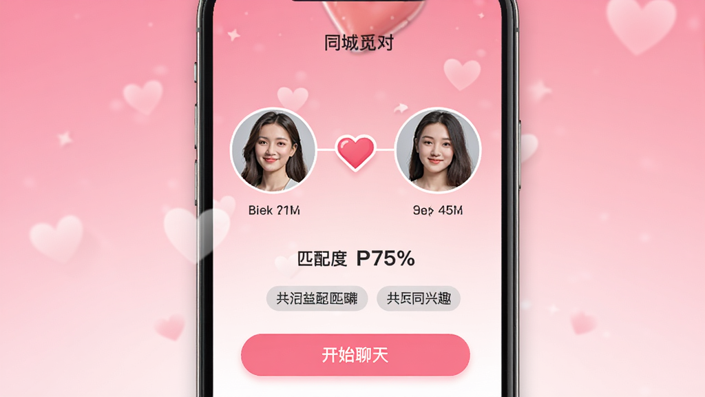 ͬ���ٶ��û�ƥ��ɹ�����չʾͼ���ֻ���Ļ��ʾ�����û�ͷ���ţ��м��а�������ͼ�꣬�·���ʾƥ��ȰٷֱȺ͡���ʼ���족��ť������Ϊ��ɫ����������񣬲��־��жԳƣ�ϸ�ڰ���������ֵ�͹�ͬ��Ȥ��ǩ�����ʸɾ��޶���Ԫ��