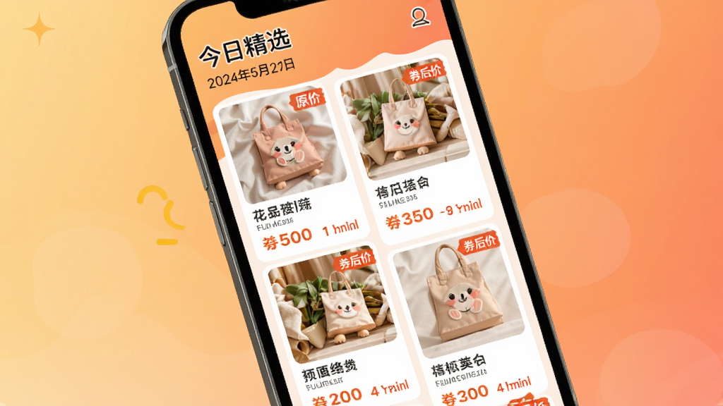 ������ÿ�վ�ѡ�Ƽ�����ͼ���ֻ���Ļչʾ��Ʒ�ٲ������֣�ÿ����Ʒ��Ƭ������ƷͼƬ�����ơ�ԭ�ۡ�ȯ��ۺ��ۿ۱�ǩ��ҳ�涥���н��վ�ѡ��������ڣ�������ůɫ�����䣬�����ܰ���ã����ʸ��壬�ɾ��޶���Ԫ�ء�