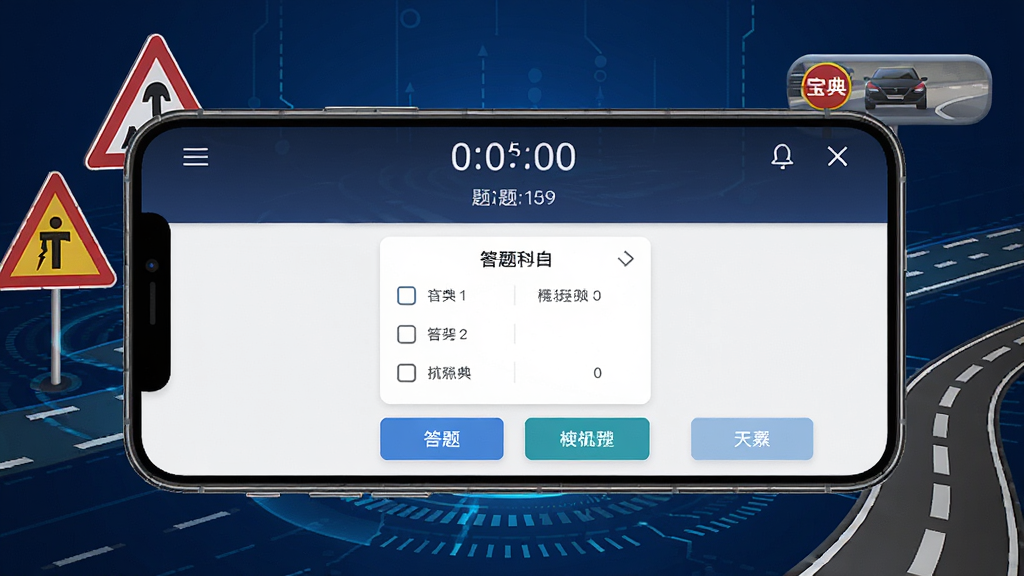 һ��չʾ�ݿ������Ŀһ���ֻ������е�ͼƬ���������ֻ�������ʾģ�⿼�Խ��棬��Ļ�Ϸ��е���ʱ����ţ��·��д��⿨��ѡ�ť������Ϊ����ɫ�Ƽ��з����Χ�н�ͨ��־�͵�·Ԫ�أ��������������ʸ��壬�ɾ��޶���Ԫ��