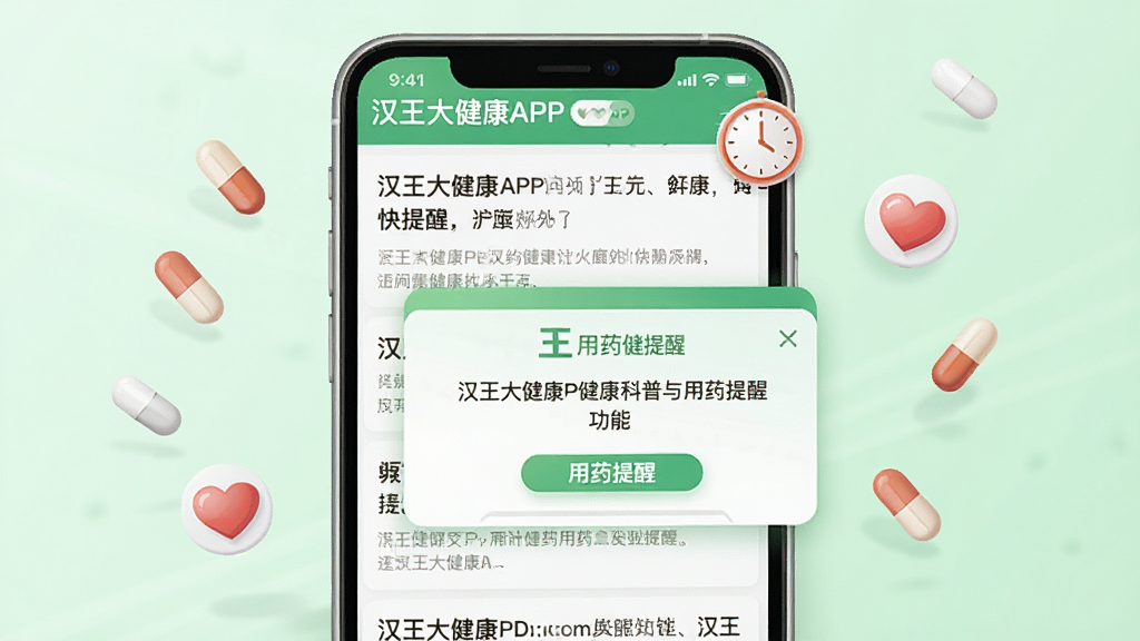 һ��չʾ�����󽡿�APP������������ҩ���ѹ��ܵ�ͼƬ���������ֻ���Ļ��ʾ�Ž���֪ʶ�����б���һ����Ŀ����ҩ���ѵ�������ΧƯ����ҩ�衢ʱ�ӡ����ĵ�Сͼ�ꡣ��������죬����Ϊ�ɾ���ǳ��ɫ����ϸ������������������ͼ�����֡������󽡿����͡���ҩ���ѡ���