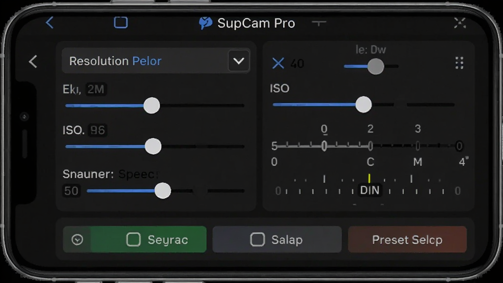 һ��SupCam Pro��������������Ľ����ͼ������Ϊ�ֻ���Ļ��ʾ���黬����ѡ�ť������Ϊ����ʽ������壬���Ϊ��ɫרҵ���߷��ϸ�ڰ����ֱ��������˵���ISO��ֵ���顢�����ٶȿ̶ȡ�Ԥ�跽�����水ť�����ʸ��壬�Ű�����������