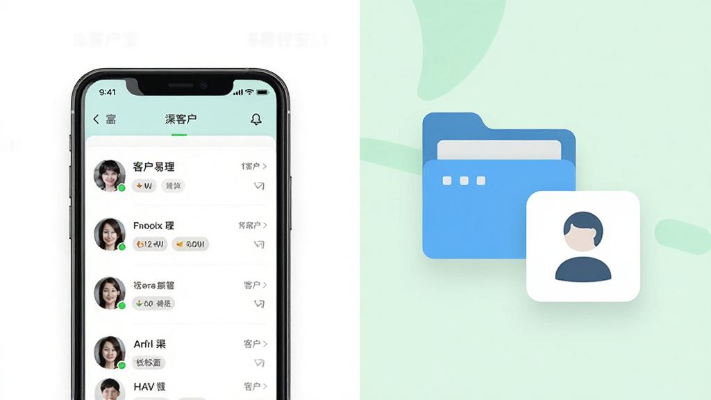 渠易宝客户管理功能展示,画面左侧为手机界面显示客户列表和标签分类,右侧为悬浮的文件夹和联系人图标。背景为白色与淡绿色搭配,布局左右对称。风格为简约商务风,细节清晰,画质干净,无多余元素。