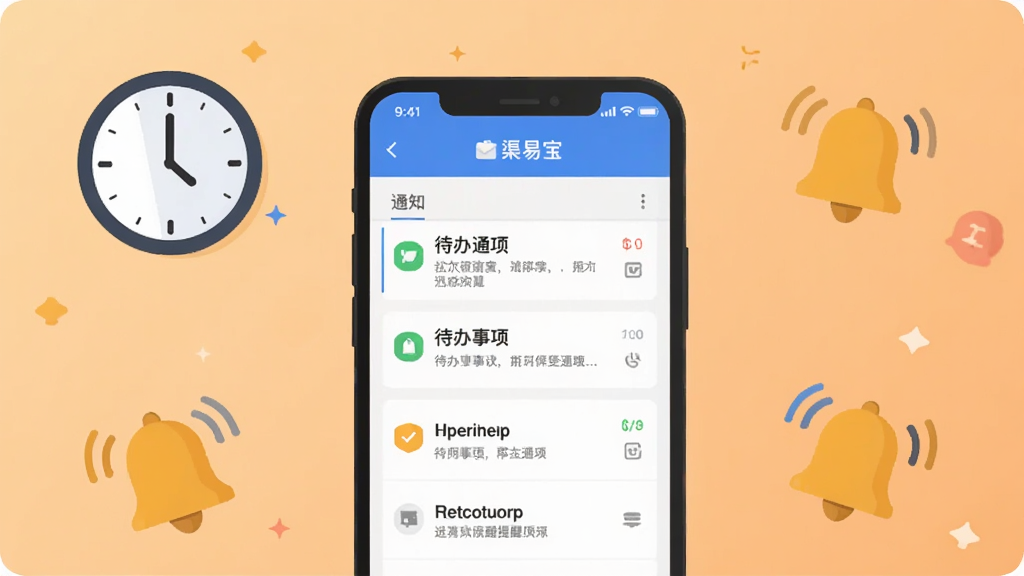 渠易宝消息提醒功能展示,画面中央为手机屏幕显示通知列表和待办事项,周围环绕时钟图标和铃铛图标。背景为浅橙色渐变,布局居中。风格为扁平化插画风,细节清晰,画质干净,无多余元素。