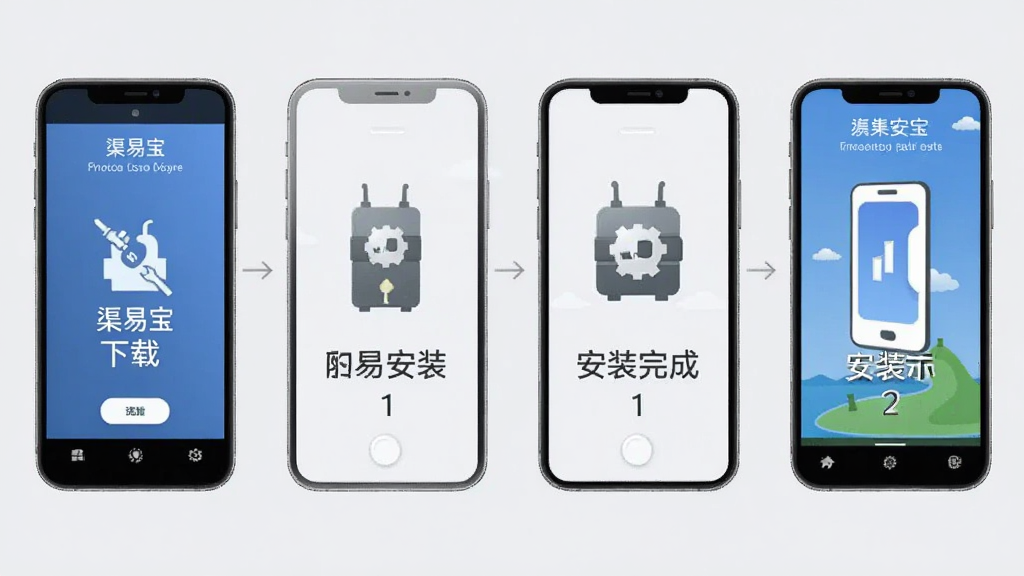 渠易宝安装步骤示意图,画面展示手机屏幕从下载到安装完成的四个步骤,每个步骤配有图标和简短文字说明。背景为淡灰色,布局横向排列。风格为简约教程风,细节清晰,画质干净,无多余元素。