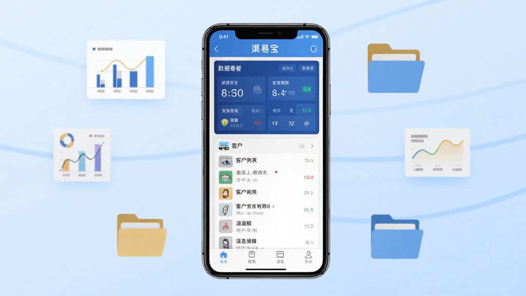 渠易宝软件主界面展示,画面中央放置一部智能手机,手机屏幕显示渠易宝应用首页,包含数据看板、客户列表和消息通知模块。背景为浅蓝色渐变,周围漂浮着简约的图表元素和文件夹图标。布局居中,排版整洁。风格为扁平化科技风,细节清晰,画质干净,无多余元素。