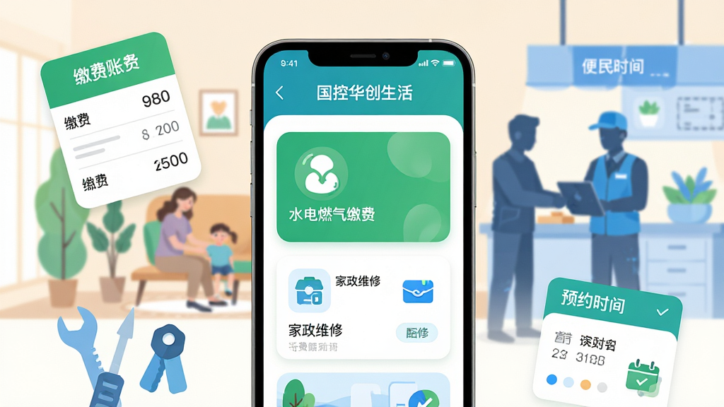 ����չʾ�����ػ����������ɷ����ܱ߷�����棬�ֻ���Ļ����ʾˮ��ȼ���ɷ���������ά�޷���Ƭ������Ϊ��ͥ���������������Ա��Ӱ������Ϊ�ֻ����У���Χ���ƽɷ��˵������񹤾ߡ�ԤԼʱ��ȱ�ƽԪ�ء����Ϊ��������廭��ϸ�ڰ�����ɫ����ɫ��׺��Բ��ͼ�ꡢ�ɾ����ס����ʸ��壬����ɾ����޶���Ԫ�ء�