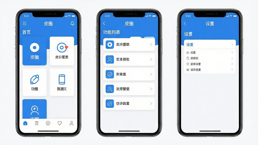 ƤȦApp�ڲ�����ҳ���UI���չʾͼ������Ϊ���Ų��ŵ��ֻ���Ļ��ͼ���ֱ�չʾ��ҳ�������б�ҳ������ҳ��������ͳһΪ��ˬ��������ɫ����Ƭʽ���֣�ͼ��������࣬���ֱ�ע��ƤȦ�������ڶ����������������Ű��������򣬷��Ϊ�ִ���ƽ�����չʾ�����ʸ��壬��ͼ�ɾ����䣬�޶���װ��Ԫ��
