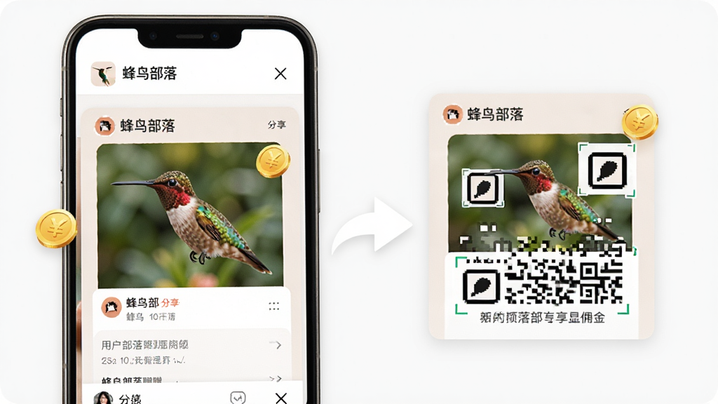 蜂鸟部落分享赚佣金功能界面,画面展示用户生成专属海报的过程,海报上有商品图和二维码,布局为手机屏幕竖版展示,风格为社交电商风格,细节上带有分享箭头和金币飘落效果,画质高清,画面干净无多余元素,图片中文字为“蜂鸟部落”