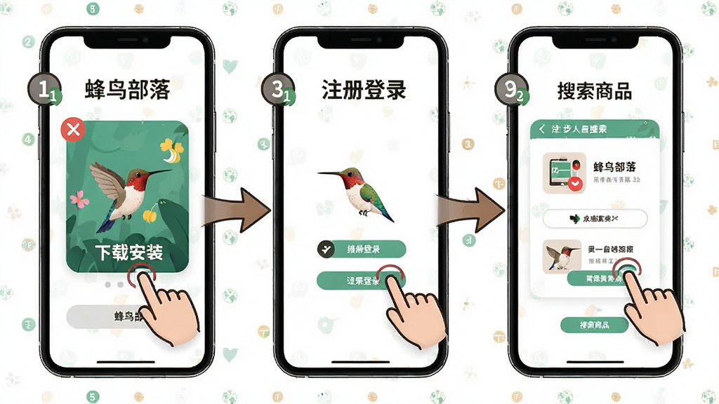 蜂鸟部落新手操作指引图,画面展示手机屏幕上的分步操作箭头,从下载安装到注册登录再到搜索商品,布局为流程图样式,风格为教程插图,细节上带有数字序号和手势图标,画质高清,画面干净无多余元素,图片中文字为“蜂鸟部落”