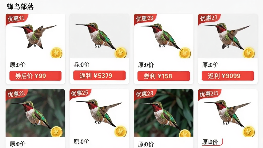 蜂鸟部落商品返利页面截图,画面中展示多款商品卡片,每张卡片上标注着原价、券后价和返利金额,布局为瀑布流双列展示,风格为电商促销风格,细节上带有红色优惠标签和金币图标,画质清晰,画面干净无多余元素,图片中文字为“蜂鸟部落”