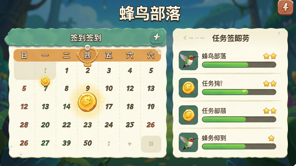 蜂鸟部落每日签到任务页面,画面展示签到日历和任务列表,布局为上下结构,风格为游戏化任务界面,细节上带有金币动画和进度条,画质高清,画面干净无多余元素,图片中文字为“蜂鸟部落”